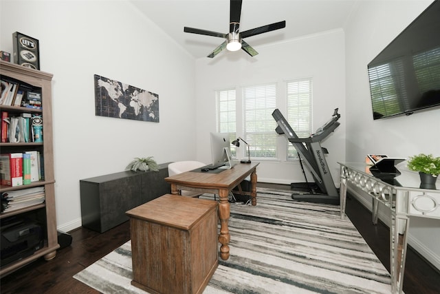 21015 Arden Park Dr, Richmond, TX 77407 - home office with ceiling fan, wood finished floors, and baseboards