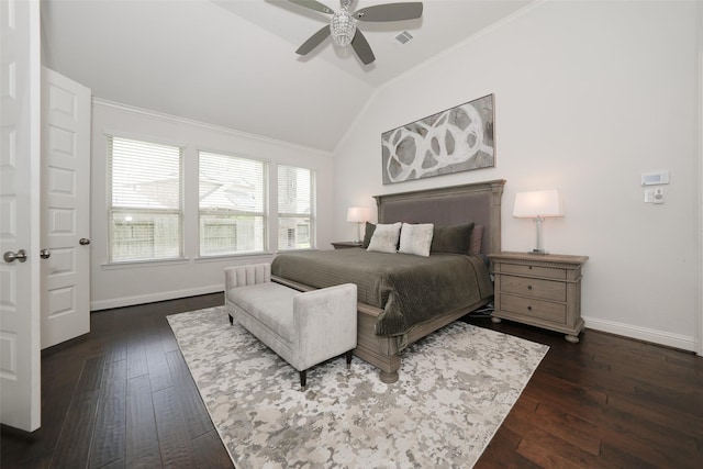 21015 Arden Park Dr, Richmond, TX 77407 - bedroom with lofted ceiling, baseboards, dark wood-style floors, crown molding, and a ceiling fan
