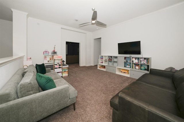 21015 Arden Park Dr, Richmond, TX 77407 - carpeted living area with crown molding and ceiling fan