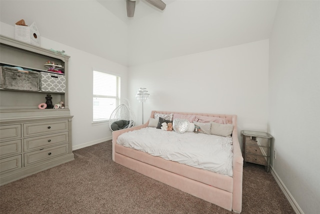 21015 Arden Park Dr, Richmond, TX 77407 - bedroom featuring carpet floors, vaulted ceiling, a ceiling fan, and baseboards