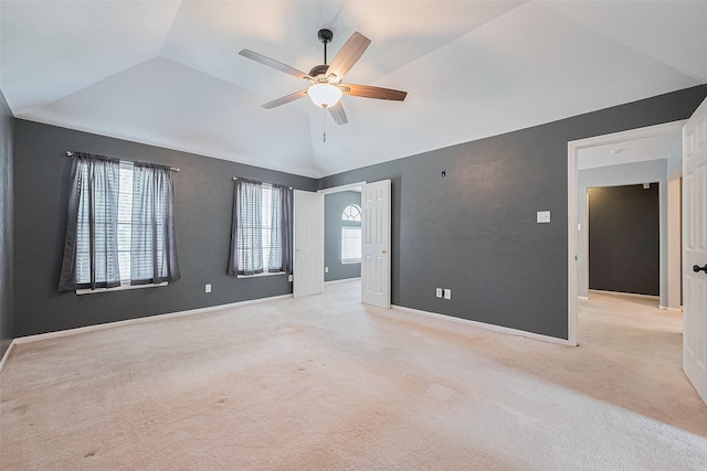 3718 Sweetgum Hill Ln, Houston, TX 77345 - empty room with vaulted ceiling, ceiling fan, light colored carpet, and baseboards