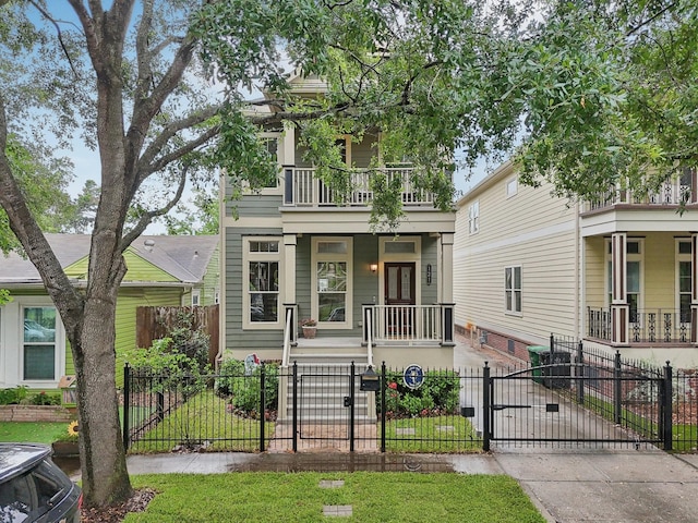 121 E 22nd St, Houston, TX 77008 - view of front of property featuring covered porch, concrete driveway, a balcony, a gate, and a fenced front yard