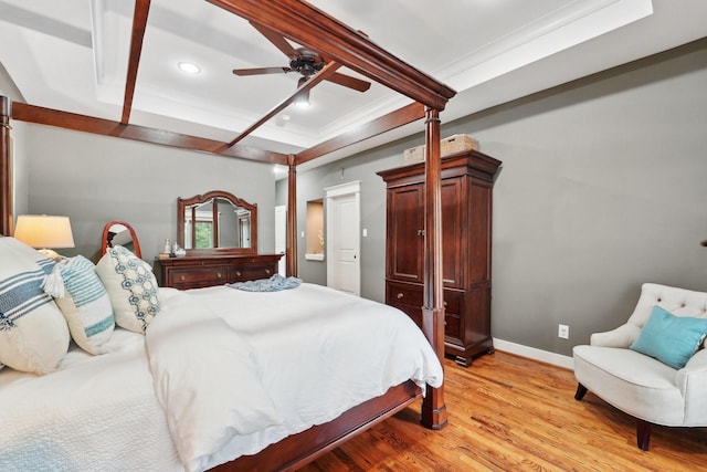 121 E 22nd St, Houston, TX 77008 - bedroom featuring light wood-style flooring, baseboards, recessed lighting, ornamental molding, and a ceiling fan