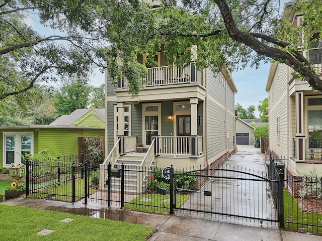 121 E 22nd St, Houston, TX 77008 - view of front of house with a porch, an outbuilding, a fenced front yard, a balcony, and a gate