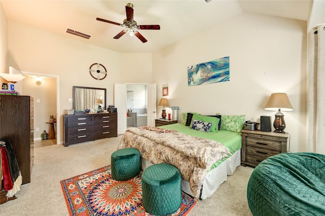 6119 Cresting Knolls Cir, Richmond, TX 77407 - bedroom with light carpet, lofted ceiling, connected bathroom, and ceiling fan