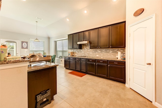 6119 Cresting Knolls Cir, Richmond, TX 77407 - kitchen featuring vaulted ceiling, decorative backsplash, under cabinet range hood, light stone counters, and dark brown cabinets
