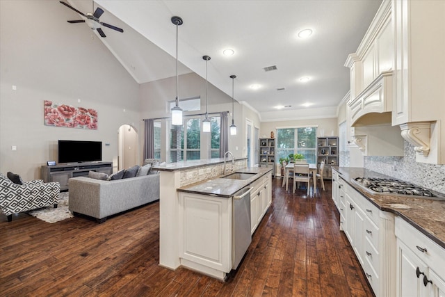 6815 Cottonwood Crest Ln, Katy, TX 77493 - kitchen featuring a sink, arched walkways, appliances with stainless steel finishes, ceiling fan, and open floor plan
