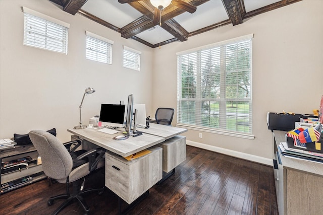 6815 Cottonwood Crest Ln, Katy, TX 77493 - office area featuring coffered ceiling, baseboards, dark wood-style floors, and beamed ceiling