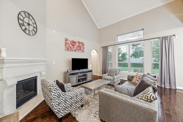 6815 Cottonwood Crest Ln, Katy, TX 77493 - living area with ornamental molding, high vaulted ceiling, hardwood / wood-style floors, a fireplace, and baseboards