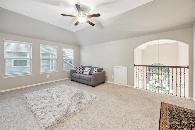 6815 Cottonwood Crest Ln, Katy, TX 77493 - sitting room featuring carpet, a ceiling fan, vaulted ceiling, and baseboards
