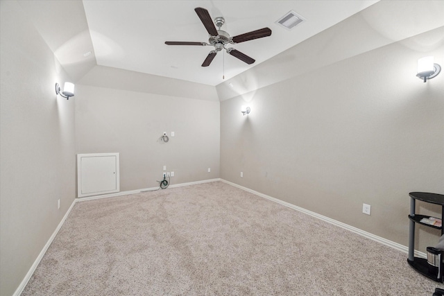 6815 Cottonwood Crest Ln, Katy, TX 77493 - empty room with ceiling fan, carpet flooring, baseboards, and vaulted ceiling