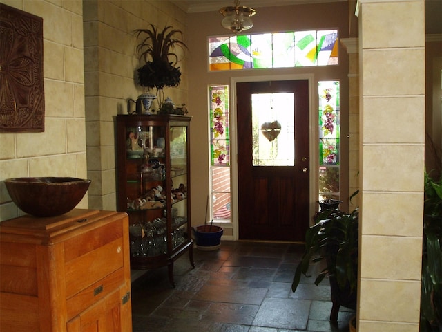 15014 Redbud Leaf Ln, Cypress, TX 77433 - foyer with ornamental molding and stone tile flooring