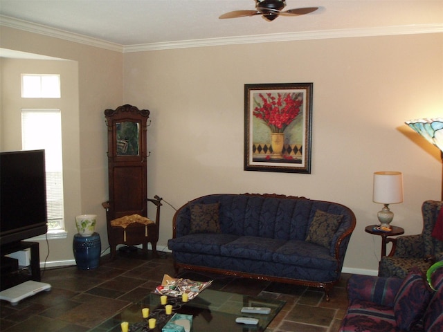 15014 Redbud Leaf Ln, Cypress, TX 77433 - living area with baseboards, crown molding, ceiling fan, and stone finish flooring