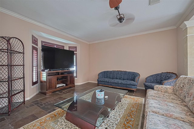 15014 Redbud Leaf Ln, Cypress, TX 77433 - living area featuring ornamental molding, stone tile floors, and a ceiling fan
