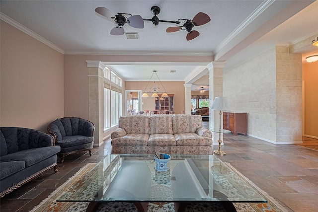 15014 Redbud Leaf Ln, Cypress, TX 77433 - living room featuring stone tile flooring, ceiling fan, crown molding, and decorative columns
