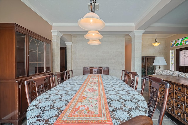 15014 Redbud Leaf Ln, Cypress, TX 77433 - dining space with decorative columns, crown molding, and tile walls