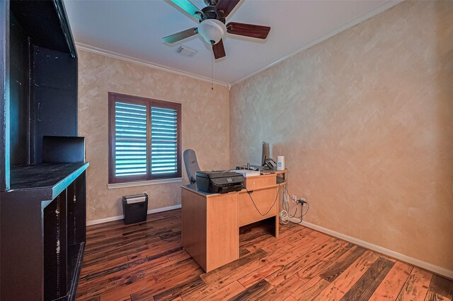 15014 Redbud Leaf Ln, Cypress, TX 77433 - office space featuring wood finished floors, a ceiling fan, and ornamental molding