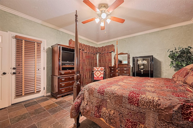 15014 Redbud Leaf Ln, Cypress, TX 77433 - bedroom with stone tile flooring, ornamental molding, ceiling fan, and a textured ceiling