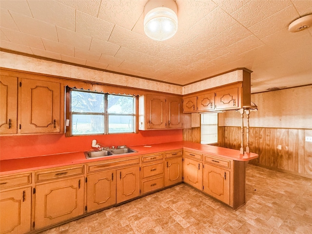 1002 Neiser Ln, Weimar, TX 78962 - kitchen featuring a sink, a peninsula, wood walls, wainscoting, and stone finish flooring