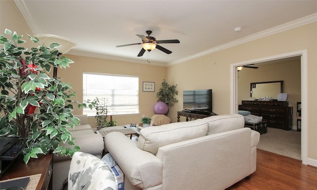 2203 Dorrington St Unit 208, Houston, TX 77030 - living room with ornamental molding, a ceiling fan, and wood finished floors