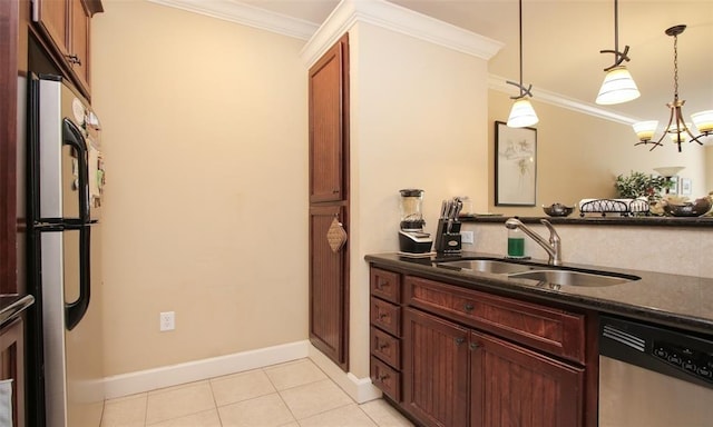 2203 Dorrington St Unit 208, Houston, TX 77030 - kitchen featuring dishwasher, a sink, dark countertops, freestanding refrigerator, and crown molding
