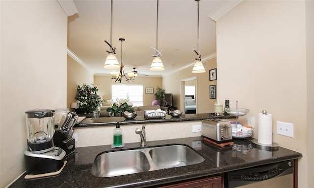 2203 Dorrington St Unit 208, Houston, TX 77030 - kitchen featuring dishwasher, crown molding, a sink, pendant lighting, and open floor plan
