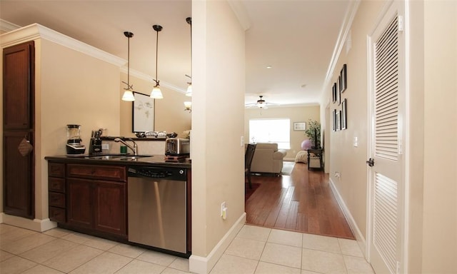 2203 Dorrington St Unit 208, Houston, TX 77030 - bar area featuring stainless steel dishwasher, a sink, ceiling fan, light tile patterned floors, and ornamental molding
