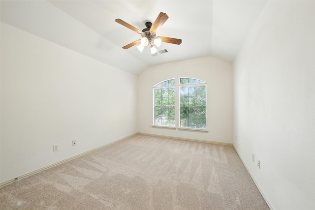 19014 Ridge Cove Ln, Cypress, TX 77433 - unfurnished room featuring vaulted ceiling, light colored carpet, ceiling fan, and baseboards
