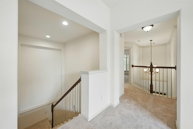 19014 Ridge Cove Ln, Cypress, TX 77433 - corridor featuring an upstairs landing, a chandelier, carpet floors, recessed lighting, and baseboards