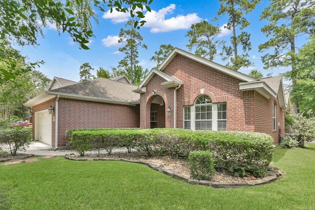 6 Caelin Ct, The Woodlands, TX 77382 - view of front of house featuring brick siding, a garage, a front lawn, and a shingled roof