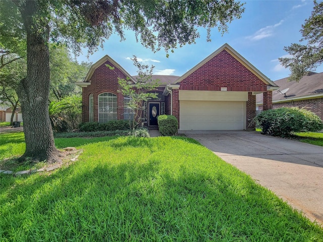 218 Windrift Ct, Sugar Land, TX 77479 - view of front of home with brick siding, a garage, driveway, and a front yard