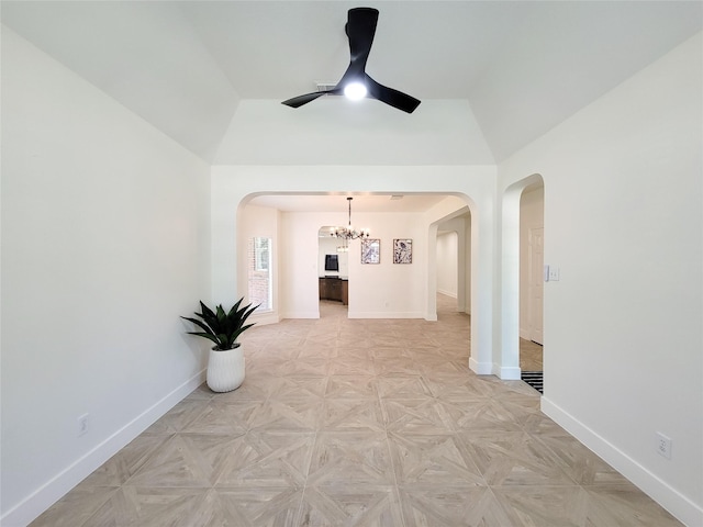 218 Windrift Ct, Sugar Land, TX 77479 - unfurnished room featuring ceiling fan, baseboards, a chandelier, and arched walkways