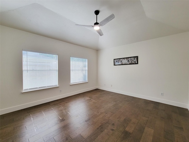 218 Windrift Ct, Sugar Land, TX 77479 - unfurnished room featuring dark wood-type flooring, vaulted ceiling, baseboards, and ceiling fan