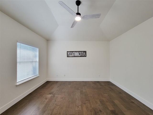 218 Windrift Ct, Sugar Land, TX 77479 - unfurnished room with vaulted ceiling, dark wood-style flooring, ceiling fan, and baseboards