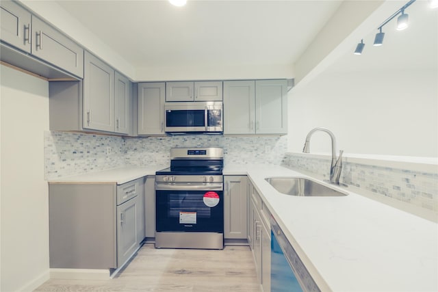 12553 Wellington Park Dr, Houston, TX 77072 - kitchen featuring appliances with stainless steel finishes, a sink, gray cabinets, light wood-style floors, and light countertops