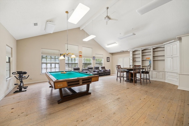 14111 Decker Dr, Magnolia, TX 77355 - playroom featuring light wood-type flooring, billiards table, beam ceiling, a skylight, and high vaulted ceiling