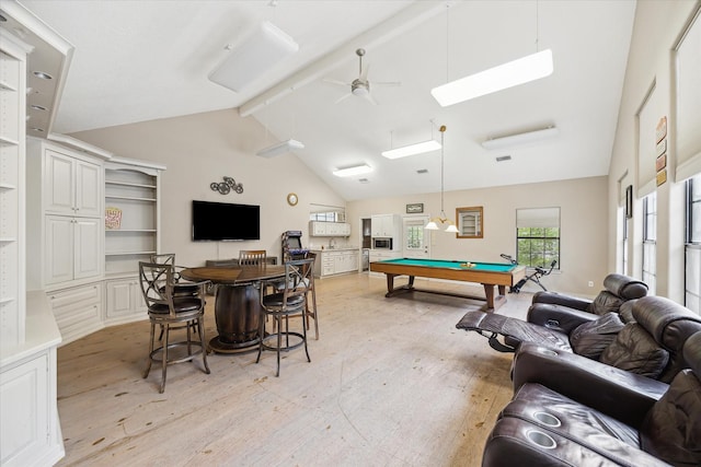 14111 Decker Dr, Magnolia, TX 77355 - playroom featuring light wood-type flooring, billiards table, a ceiling fan, beam ceiling, and a sink