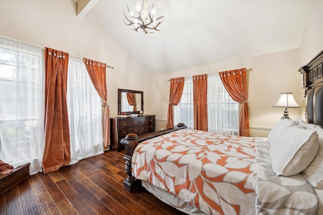 14111 Decker Dr, Magnolia, TX 77355 - bedroom featuring a chandelier, dark wood-style floors, beamed ceiling, and high vaulted ceiling