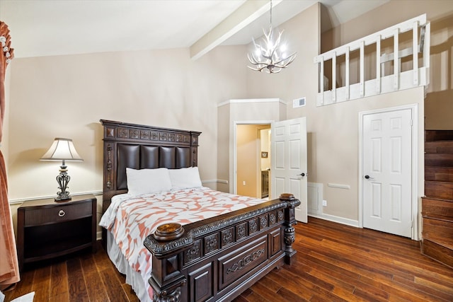 14111 Decker Dr, Magnolia, TX 77355 - bedroom featuring a chandelier, dark wood-style floors, high vaulted ceiling, and beamed ceiling