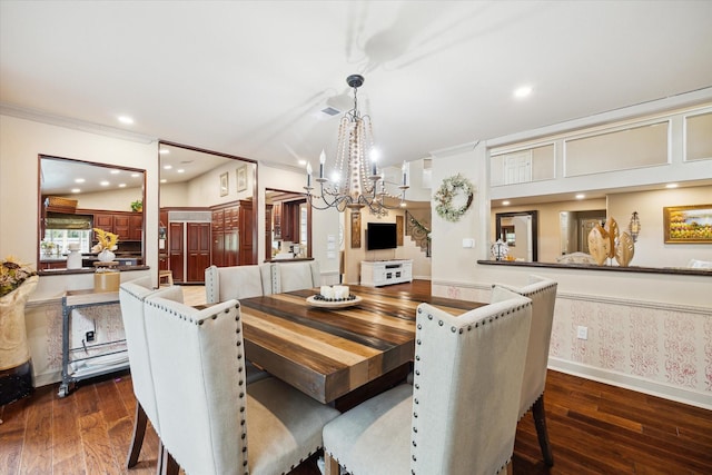 14111 Decker Dr, Magnolia, TX 77355 - dining space with a chandelier, dark wood-style flooring, crown molding, baseboards, and recessed lighting