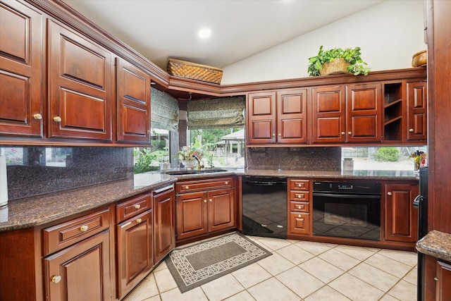14111 Decker Dr, Magnolia, TX 77355 - kitchen with black appliances, a sink, lofted ceiling, light tile patterned flooring, and backsplash