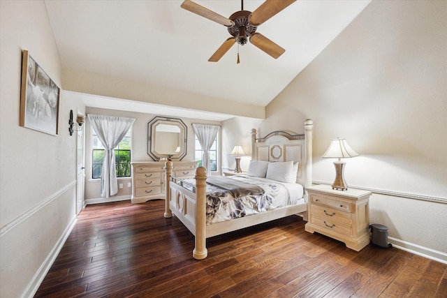 14111 Decker Dr, Magnolia, TX 77355 - bedroom with lofted ceiling, dark wood-style floors, baseboards, and ceiling fan