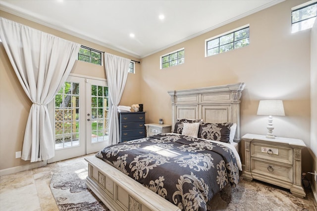 14111 Decker Dr, Magnolia, TX 77355 - bedroom featuring crown molding, access to exterior, baseboards, french doors, and recessed lighting
