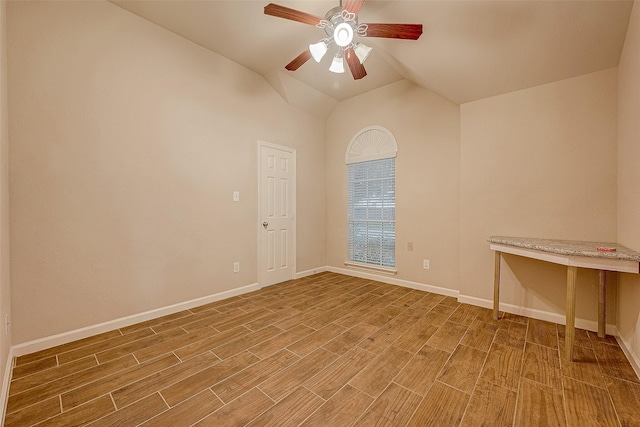 722 Silver Creek Cir, Richmond, TX 77406 - empty room featuring light wood-style floors, baseboards, a ceiling fan, and lofted ceiling