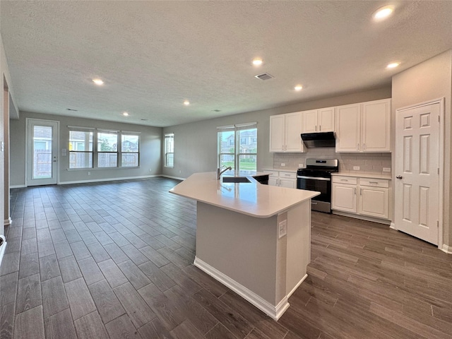 2115 Katalonia Ln, Fresno, TX 77545 - kitchen featuring stainless steel range with gas stovetop, under cabinet range hood, a sink, dark wood-style flooring, and a textured ceiling