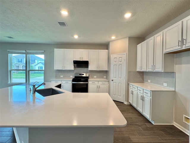 2115 Katalonia Ln, Fresno, TX 77545 - kitchen featuring stainless steel range with gas cooktop, a sink, white cabinets, dark wood-style floors, and a textured ceiling