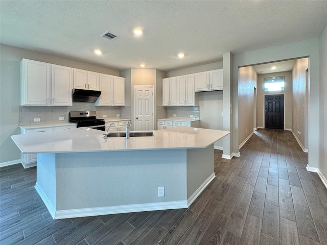 2115 Katalonia Ln, Fresno, TX 77545 - kitchen with stainless steel gas range, dark wood-type flooring, under cabinet range hood, a sink, and a textured ceiling