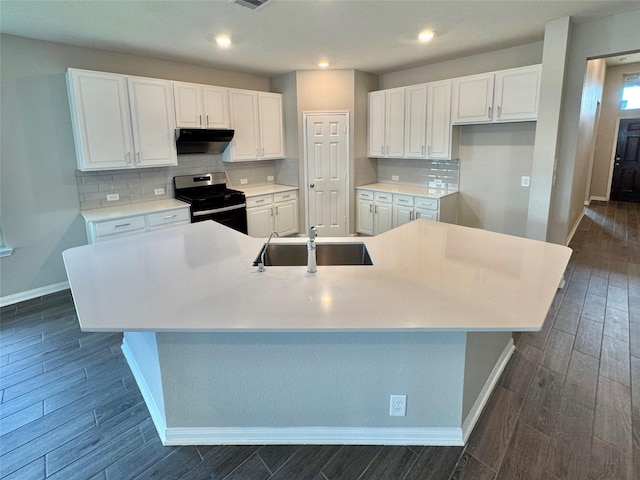 2115 Katalonia Ln, Fresno, TX 77545 - kitchen featuring gas stove, a sink, under cabinet range hood, baseboards, and a large island with sink