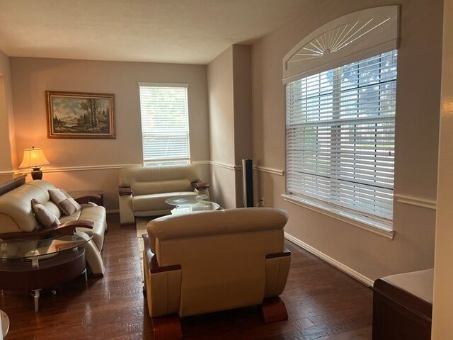 6603 Golden View Ct, Houston, TX 77083 - living room featuring dark wood-style floors and baseboards