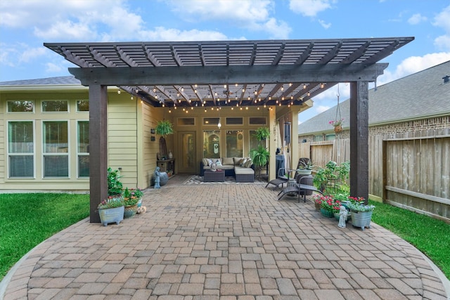 110 Mayhaven Ct, Montgomery, TX 77316 - fenced backyard with outdoor lounge area, a pergola, and a patio